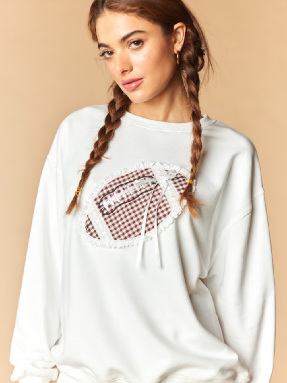 White Sweatshirt with Brown Gingham Football Appliqué